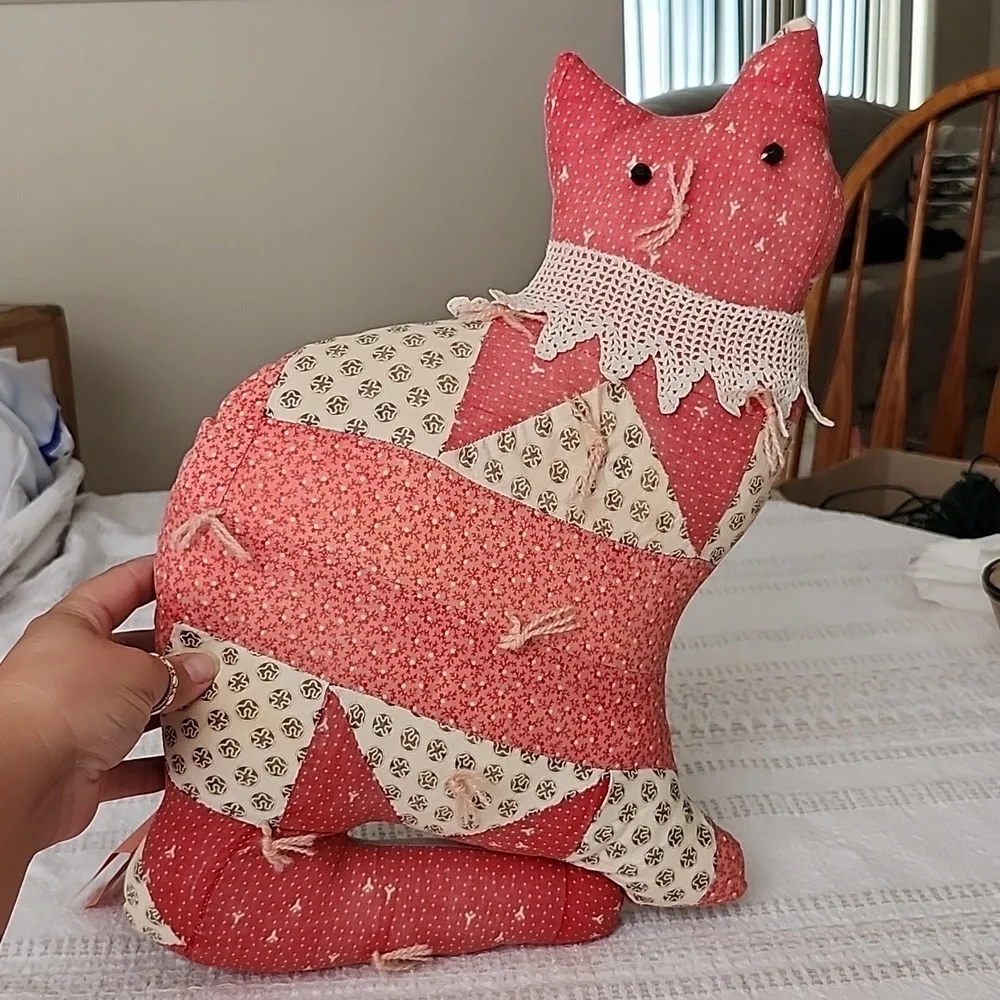 Antique quilted cat pillow patchwork cottagecore Handmade